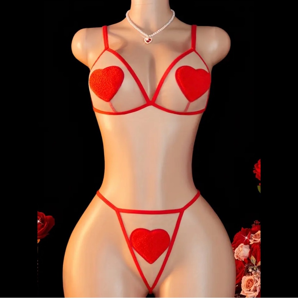 Red, Heart, Sheer, Lingerie Set - Picture 1 of 8